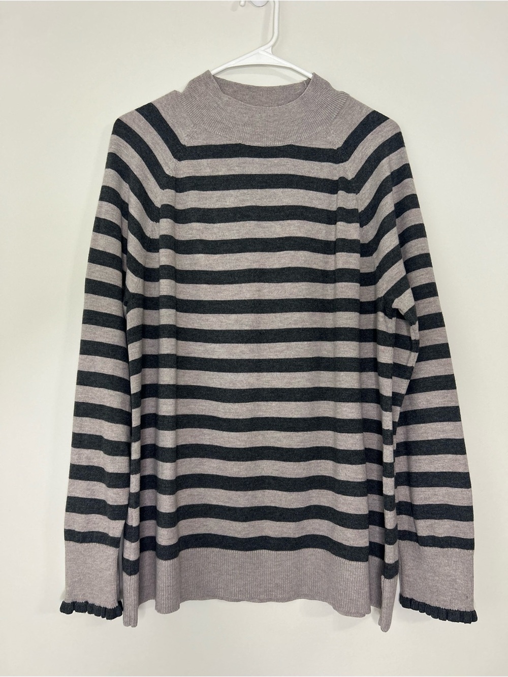 LOFT Gray Black Striped Sweater Womens XL Mock Neck Long Sleeve Relaxed Pullover